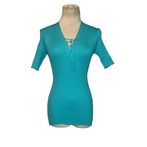Sheridan blue ribbed knit lace up short sleeves fitted top size Medium
